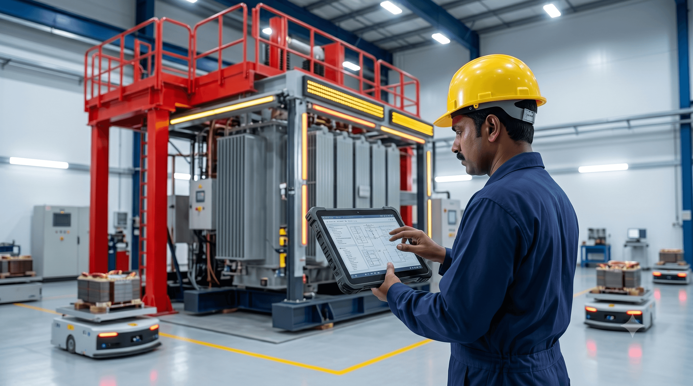 Engineer inspecting transformer at in-house test bay